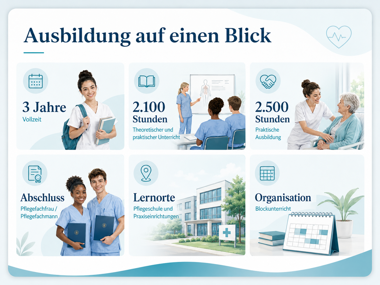 Übersicht über Dauer, Stundenumfang, Abschluss, Lernorte und Organisation der Pflegeausbildung